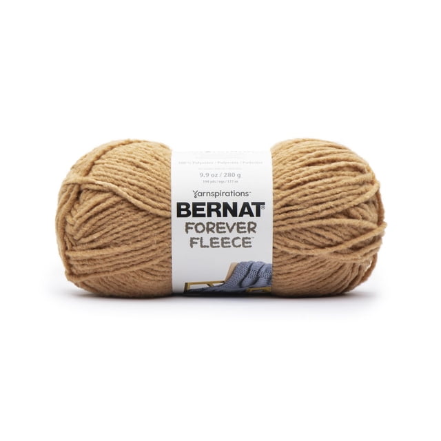 Bernat® Forever Fleece™ Yarn, tan polyester #6 super bulky yarn weighing 9.9 oz (280 g) with 194 yards (177 m), featuring a soft brushed fleece texture ideal for quick knitting or crochet projects, shown with a white label displaying the brand and product details.