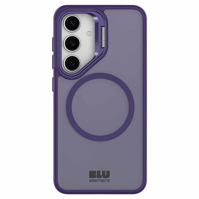 Blu Element Étui Compatible Chromatic Kick avec Aimants Violet Profond pour Samsung Galaxy S25/Galaxy S24 avec Dos en Acrylique Violet Profond semi-transparent, Anneau Circulaire Compatible avec Aimant, Bords Absorbant les Chocs, protection Supplémentaire de l'Appareil Photo, Béquille Intégrée et Boutons Hyper Réactifs pour Résistance aux Impacts et Utilisation Mains Libres.