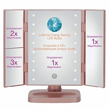 Conair True Glow Trifold LED Lighted Makeup Mirror, 1x/2x/3x Magnification, Rose Gold Metallic Finish, 1 Pk