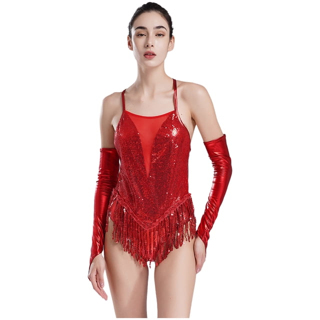 RUNQHUI Robe de Danse à Paillettes Brillantes à Franges pour Femmes Costume de Danse Latine Jazz Justaucorps à Franges et Gants Rouge TTG