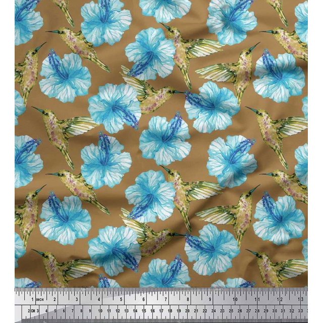 Soimoi polyester Crepe Fabric Hummingbird & Floral Printed Craft Fabric by the Yard 42 Inch Wide