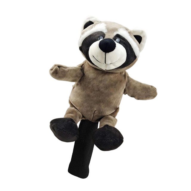 S SERENABLE Golf Club Headcover Wood Driver Head Cover Protector Sleeve Raccoon. A plush raccoon-shaped golf headcover designed to protect wood driver heads from damage during play or travel. Made with soft, high-quality materials, it features a detailed raccoon design with brown fur, black accents, and a ribbed black sleeve for secure attachment. Sized at 20x10x10cm (7.87x3.94x3.94 inches), it adds personality to your golf bag and makes a thoughtful gift for golfers.