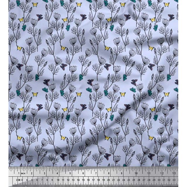 Soimoi Blue Poly Georgette Fabric Insect & Floral Artistic Fabric Prints by Yard 52 Inch Wide