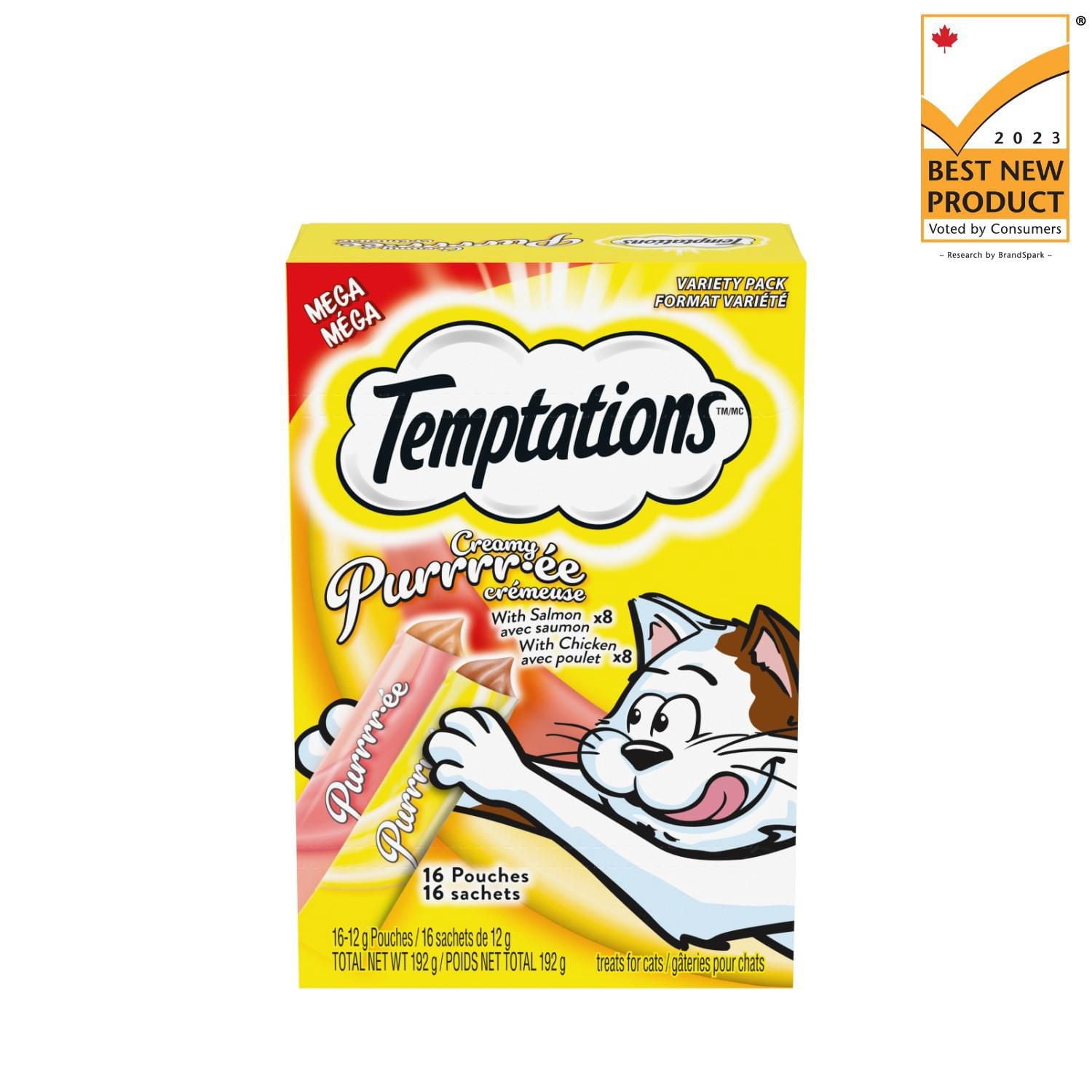 Gâteries pour chats TEMPTATIONS PURRRR-ÉE CRÉMEUSE avec poulet et avec saumon, boîte de 192 g contenant 16 sachets de 12 g