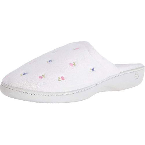 isotoner Women's Terry Slip On Clog Slipper with Memory Foam for Indoor/Outdoor Comfort, White Scalloped, 5.5-6