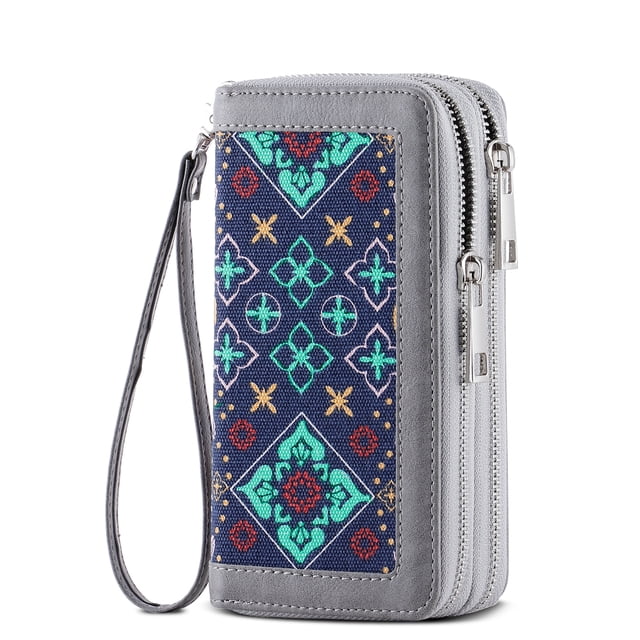 Womens Double Zipper Wallet Clutch Purse Cellphone Long Wallet with Removable Wristlet