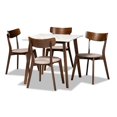 thumbnail image 1 of Baxton Studio Reba Mid-Century Modern Light Beige Fabric Upholstered and Walnut Brown Finished Wood 5-Piece Dining Set with Faux Marble Dining Table, 1 of 5