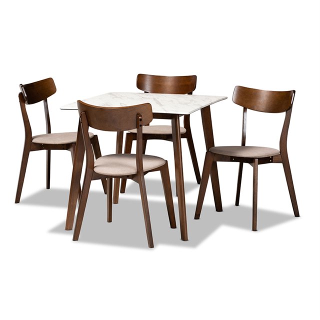 Baxton Studio Reba Mid-Century Modern Light Beige Fabric Upholstered and Walnut Brown Finished Wood 5-Piece Dining Set with Faux Marble Dining Table