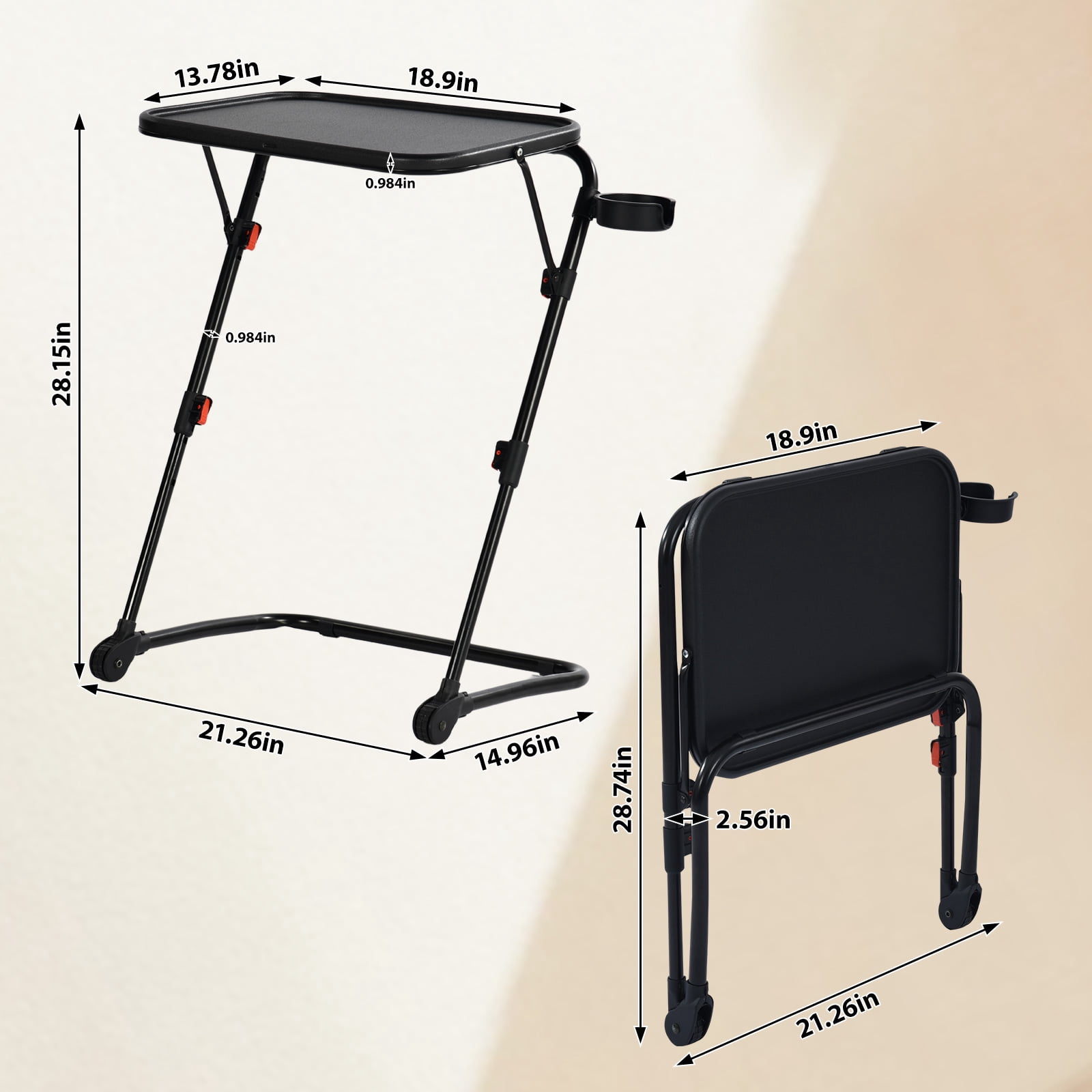 Bureau d'ordinateur pliable compact Homy Casa avec porte-gobelet et hauteur réglable, surface en polypropylène noir
