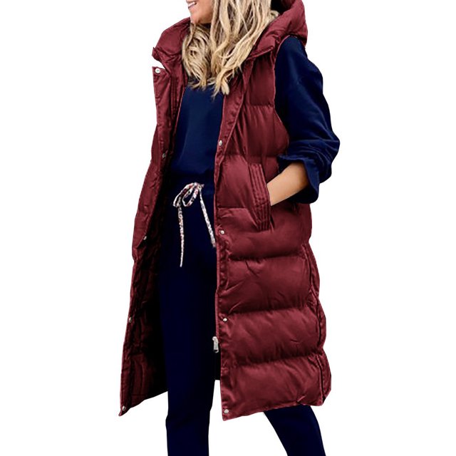 Innerwin Gilet à Capuche pour Femmes, Sans Manches, Mi-Long, Rouge Vin m