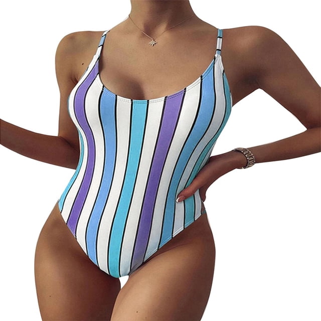 Maillot de Bain une Pièce à Rayures pour Femmes, Maillot de Bain à Bretelles Color Block