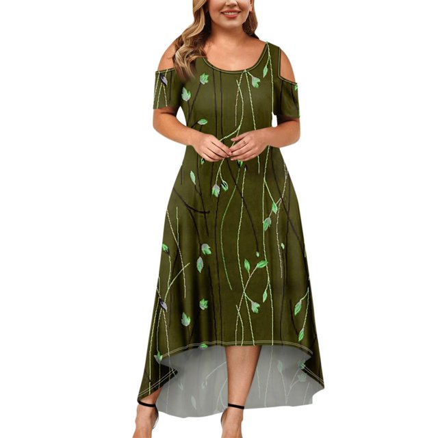 JULMCOMO Robes Grande Taille pour Femmes 5x Robe d'Été à Épaules Dénudées pour Invitée de Mariage Tendance à Imprimé Floral à Manches Courtes Col Ras du Cou Longue Robe Violet 5TG