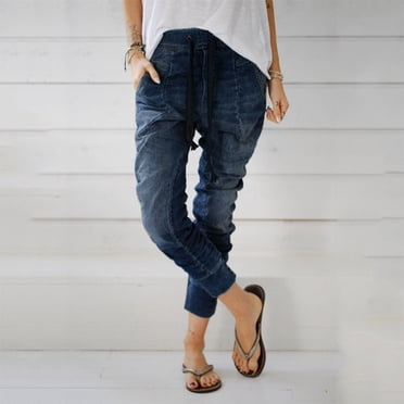 drppepioner Womens Drawstring Jeans Pockets Casual Denim Baggy Harem Pants Distress Trousers