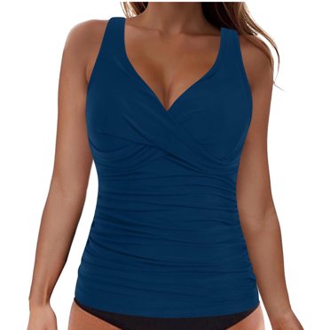 HomeGardon Summer Tankini Tops for Women V Neck Solid Color Sleeveless Bikini Swimsuit Push Up Padded Swimsuit Bathing Suit Swim Tops Only