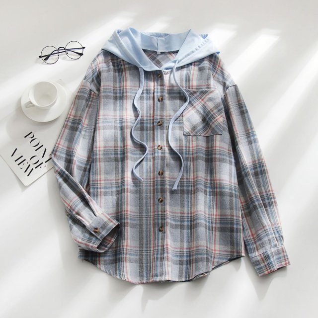 Cardigan à Carreaux à Capuche pour Femmes, Chemise Décontractée Boutonnée, Veste, Haut