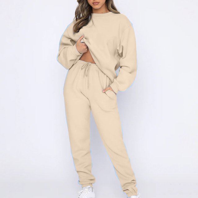 FNFYFH Liquidation Chandails en Molleton en Polaire pour Femmes Survêtements Automne 2025 Manches Longues Confort Col Rond Chandail avec Cordon de Serrage Tenues Athlétiques Beige,TG