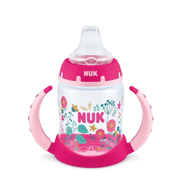 NUK Gobelet d'Apprentissage Mode avec un Corps Transparent de 5 Oz Décoré de Motifs Floraux Colorés et du logo NUK Rose, Doté d'Un Bec Souple Anti-Déversement Doux pour les Gencives, de Poignées Amovibles Roses et Rose Pâle Faciles à Saisir, et d'Une base Rose, Conçu pour les Bébés de 6 Mois et Plus, Transition du Biberon à la Tasse à Bec.