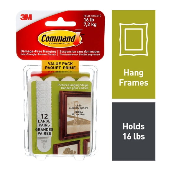 Command™ Picture Hanging Strips 17206-12EF, White, Large, 24 Strips Per Pack