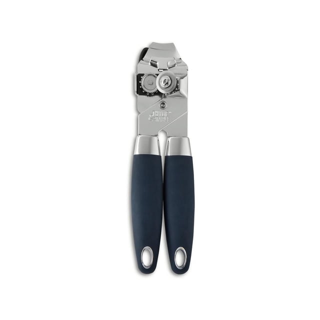 Thyme & Table Manual Stainless Steel Can Opener with Easy-Turn Knob showing stainless steel cutting mechanism and black ergonomic handles with hanging holes, designed for effortless manual can opening in kitchenware.