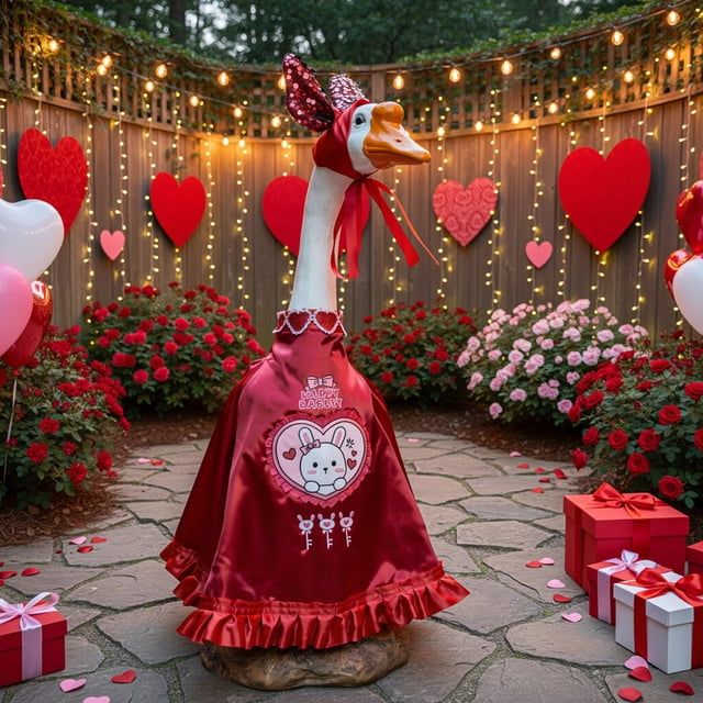 RKSTN Polyester Statue Valentines's Easter Gooses Outfits Gooses Statue Valentines's Day Dress Patio Gooses Outfits Hat Set For 23Inch Statue Patio Garden Decoration