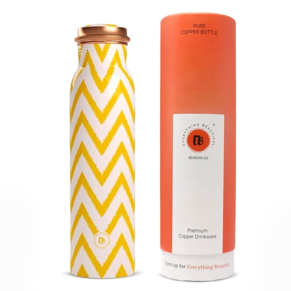 Pure Copper Water Bottle 1 Liter | Lightweight & Leakproof | Yellow Zigzag Printed Standard Design - Tamba Bottle | Suitable Birthday Gift For Men & Women