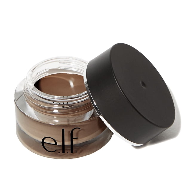 e.l.f. Cosmetics Lock on Liner and Brow Cream in a clear round jar with black screw-on lid beside it, showing smooth brown cream inside, designed to sculpt, shade, and define brows with long-lasting color, also suitable as eyeliner and eyeshadow for versatile eye makeup.