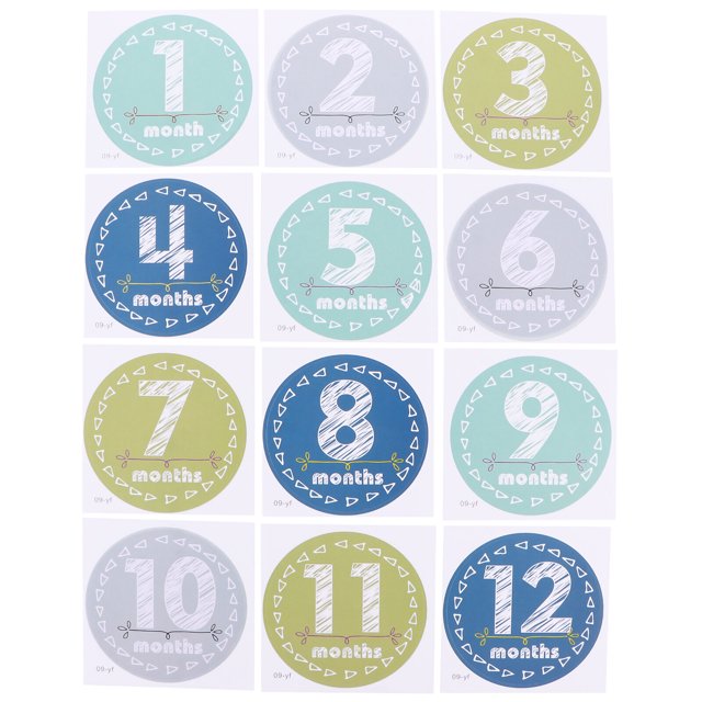 1 Set Boys and Girls' Milestone Stickers Monthly Keepsake Photo Props for Baby. The image displays 12 colorful milestone stickers, each representing a month from 1 to 12. The stickers are circular with assorted colors like blue, green, and gray, featuring white decorative patterns and text. These paper stickers, measuring about 11.20x11.20x0.10cm, are perfect for capturing a baby's first-year milestones and creating memorable photo albums.