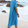 thumbnail image 4 of yoeyez Robes en Coton et Lin pour Femmes pour l'Été, Robes Unies à Col Rond pour Dames, Coupe Ample, Manches Courtes, Robe Midi Décontractée de Plage Évasée Bleu, 3TG, 4 of 7