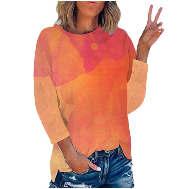 IROINID Offres Polyester Long Sleeve T-Shirt pour Women Confortable Été Col Rond Chemisiers de Sortie d'Impression Tops,Orange