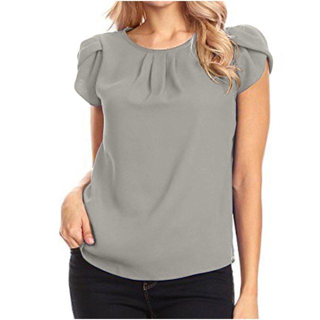 Chemise Décontractée pour Femme en Chiffon Uni à Manches Courtes et Col Rond, Blouse à Manches Courtes (Gris, 3TG)