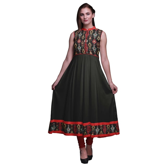 Bimba Robe Anarkali Ikat Noire pour Femmes, Kurti Imprimée Ethnique Indienne, Longue Kurta, Robe de Soirée, XX-Grand