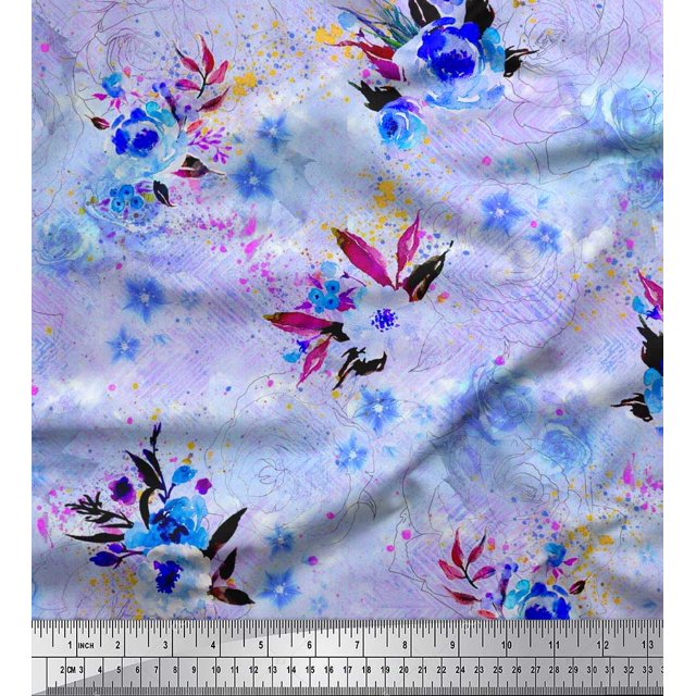 Soimoi Tissu Poly Georgette Imprimé Feuilles & Roses Tissu de Couture au Mètre 52 Pouces de Large