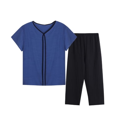 Tumotour Pajamas Set for Women 2 Piece PJ Sets Round Neck Short Sleeve Top with Wide Legs Long Pants Solid Color Loungewear for Summer Sleepwear Causal Home Clothes Sleep Nightwear Outfits