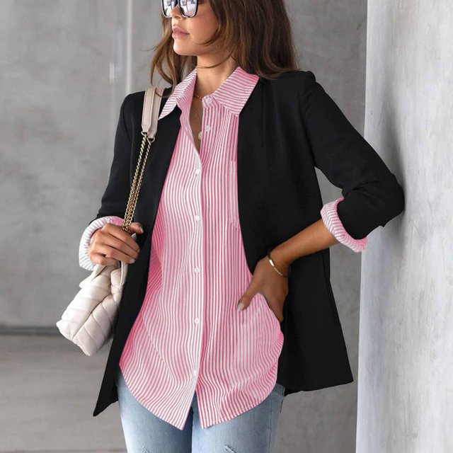 Chemisier Cardigan Décontracté à Col à Revers et Rayures pour Femmes Automne avec Boutons Manches Longues Poche Poitrine