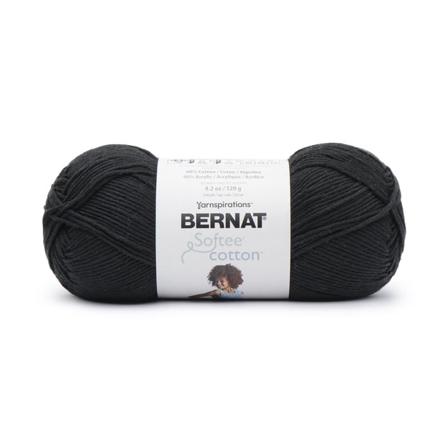Bernat® Softee® Cotton™ Yarn in black, a 4.2oz (120g) ball of lightweight DK cotton-acrylic blend yarn ideal for making breathable garments and accessories, with a white label showing brand and product information.