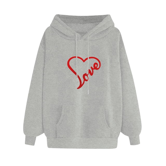 WZXFASHION Women's Solid Color Long Sleeved Love Printed Hooded Sweater Clearance long sleeve pullover sweater