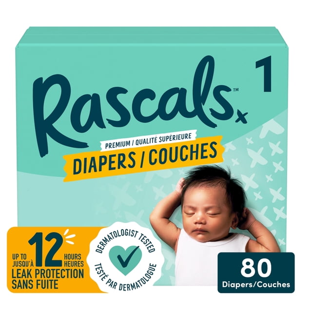Rascals Premium Absorbent Baby Diapers, Size 1, Small Carton, 80 Count