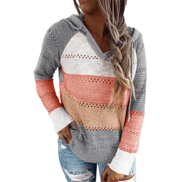 Women Casual Sweater Rib Knitted Long Sleeve Loose Fitting Pullover Hooded Drawstring Sweater