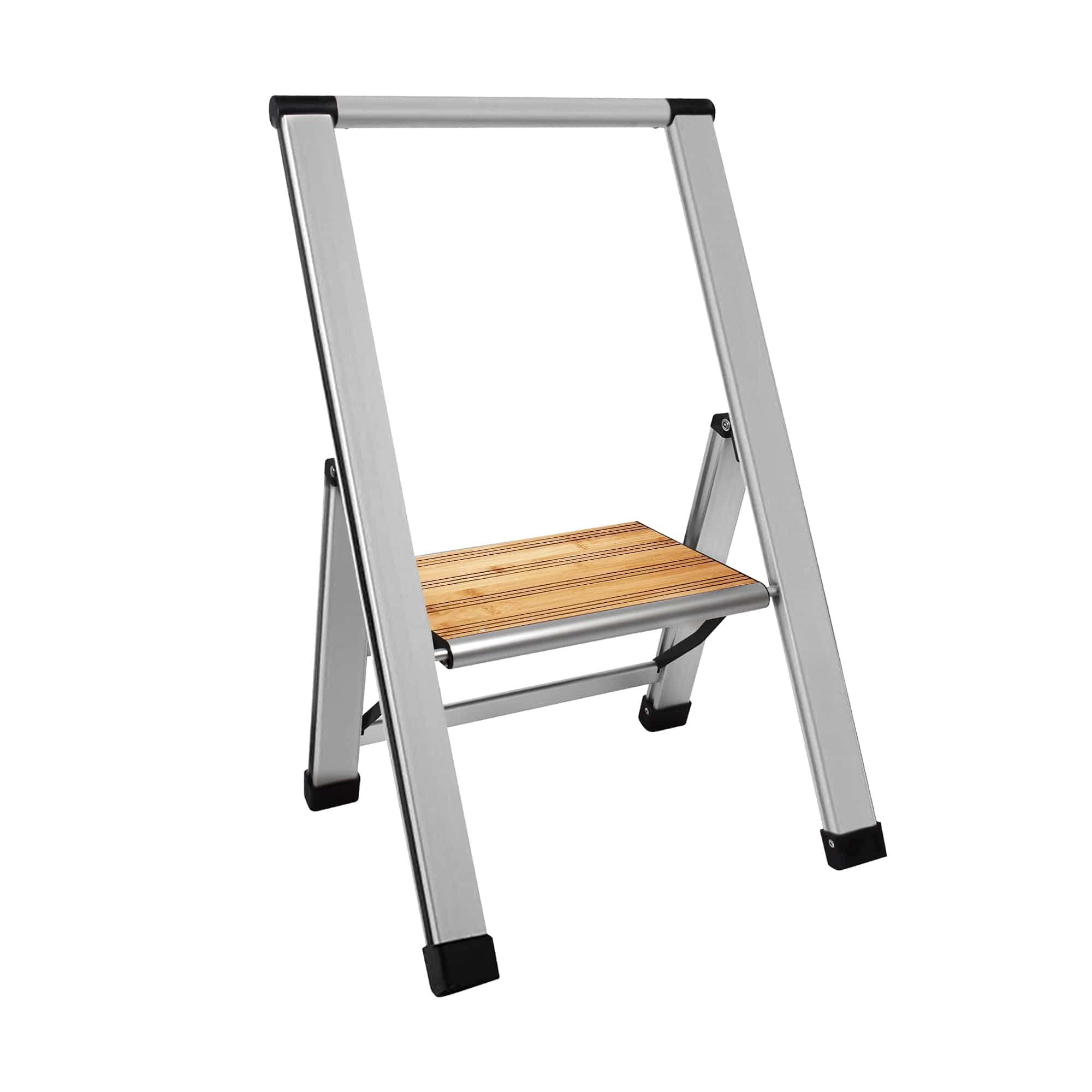 Sorfey Premium 1 Step Ladder Modern Bamboo. Lightweight,-Ultra Slim Profile, Anti Slip Steps, Sturdy-Portable for Home, Office, Kitchen, Photography Use, Silver Aluminum Finish