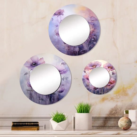 Designart "Delicate Moment With Violet Veiled Poppies" Poppies Round Mirror Set Of 3 - Traditional Purple Round Bathroom Wall Mirror Set