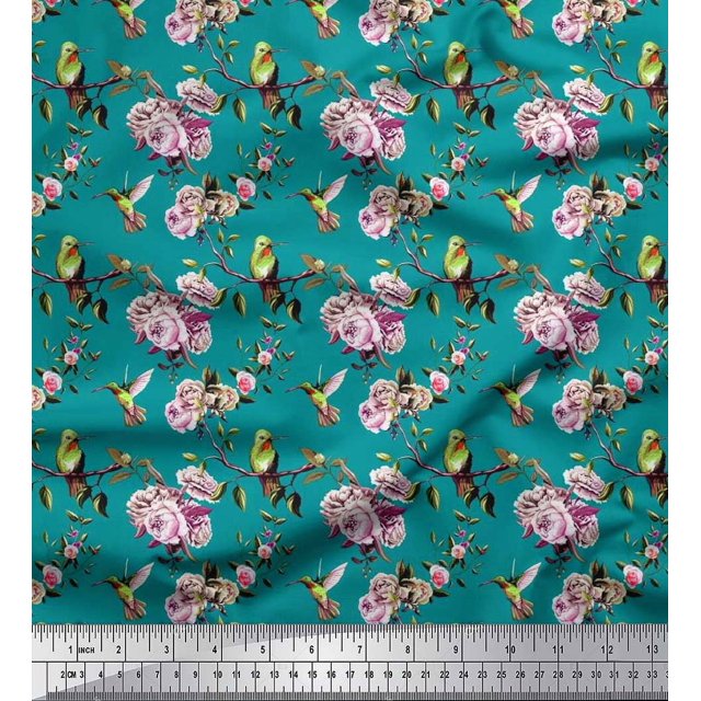 Soimoi Poly Georgette Fabric Hummingbird,Leaves & Rose Floral Decor Fabric Printed Yard 42 Inch Wide