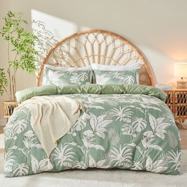 Gogreen Housse de Couette Simple à Motif Floral, Microfibre Douce et Respirante 3 Pcs Ensembles de Literie Simple, Motif Housse de Couette Simple Confortable, avec Fermeture Éclair (Feuille Verte, Simple)
