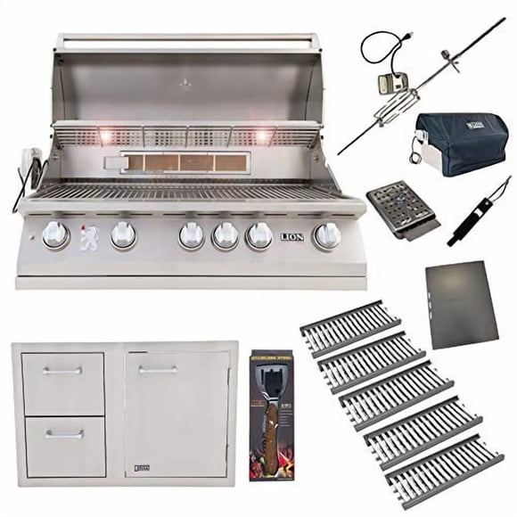 Lion Premium Grills 40-Inch Propane Grill L90000 with 5 x Ceramic Tubes w/ Flame Tray and Lion Door and Drawer Combination Unit with 5 in 1 BBQ Tool Set Best of Backyard Gourmet Package Deal