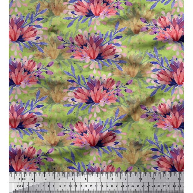 Soimoi Polyester Crepe Fabric Leaves & Tulip Flower Decor Fabric Printed Yard 42 Inch Wide