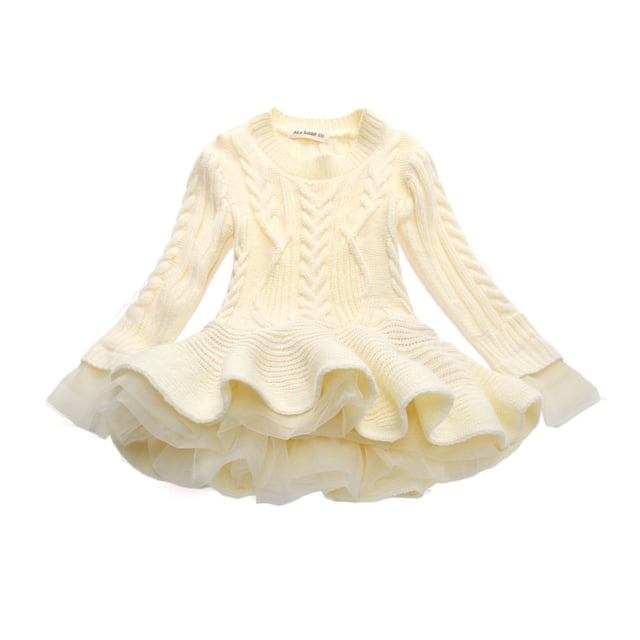EGNMCR Robe Sans Manches à Col Rond Tout-Petits Enfants Bébés Filles Chandail Tricoté Robe d'Hiver au Crochet avec Tulle Chandail Robe Fille