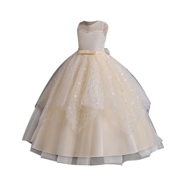 Robes pour Filles Sans Manches à Col Rond Robe de Fête Formelle pour Enfants Brodée Demoiselle d'Honneur Fille Fleur Anniversaire Bal Concours Maxi Robes pour Filles Beige 120/6 A-7 A