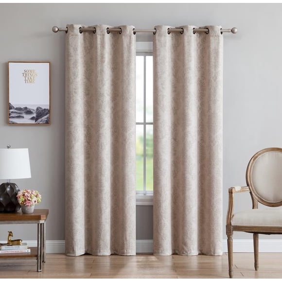 Evelyn Embossed Thermal Grommet Blackout Curtains Room Darkening, Noise Reduction Fabric Blocks 97% of Sunlight (Panel Pair 38" W x 108" L, Ivory)