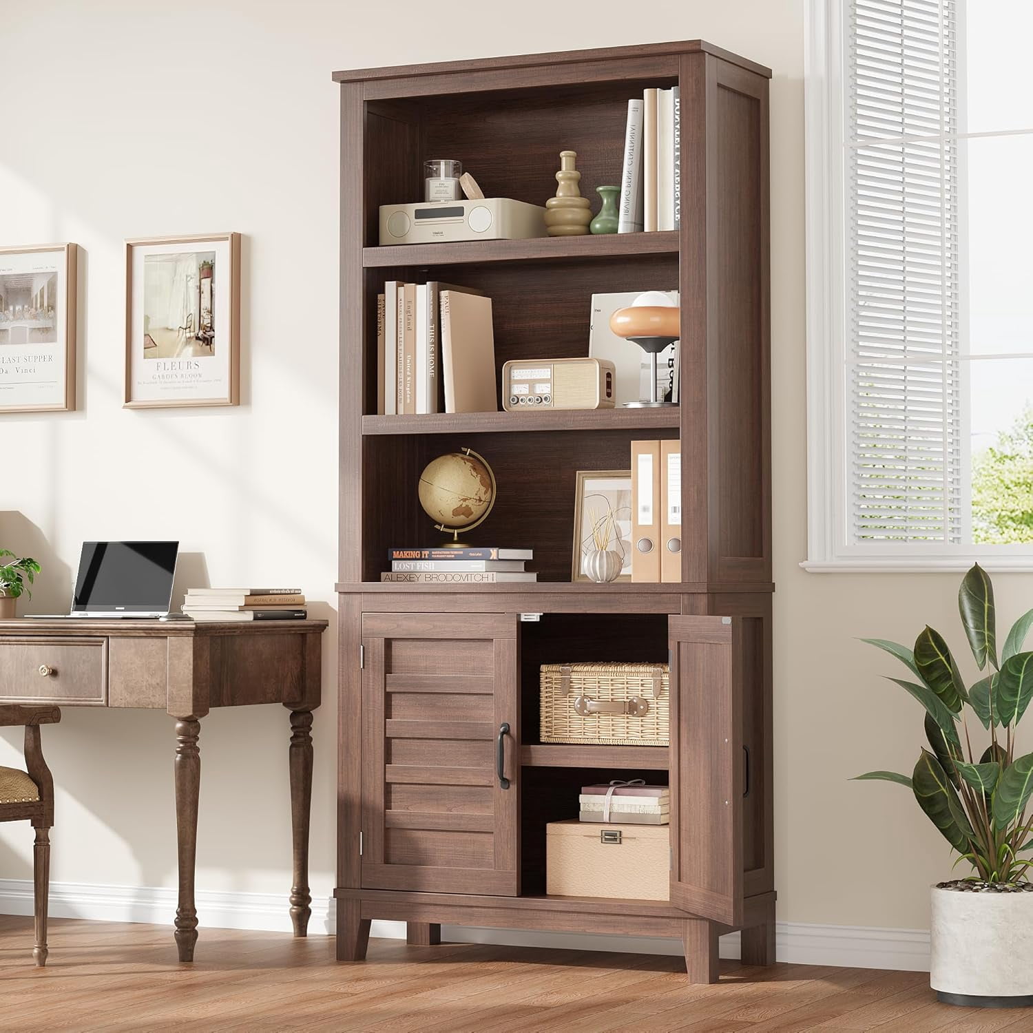 71" Farmhouse Bookcase with Doors, Vintage Bookshelf with Storage Cabinet & Adjustable Shelf, 5 Tier Tall Book Shelf Rustic Bookcase for Living Room Office Library