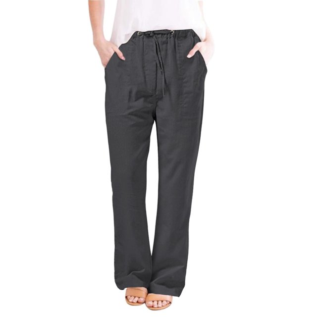 Timegard Womens Pants Plus Size Cotton Linen Straight Leg Elastic Waisted Drawstring Lounge Trousers