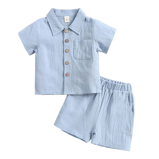 Hiiyo Boys Summer Outfits Cotton Linen Short Sleeve Button Shirt Shorts Set, Sizes 1-12